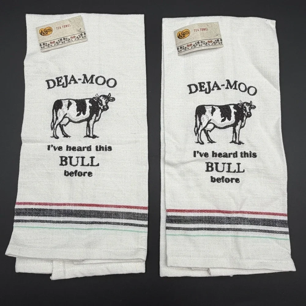 Cracker Barrel Farmhouse Cow Embroidered Kitchen Tea Towel Deja Moo Humor Decor